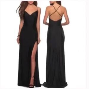 La Femme Cross Back Satin Jersey Trumpet Strappy Back Gown Dress